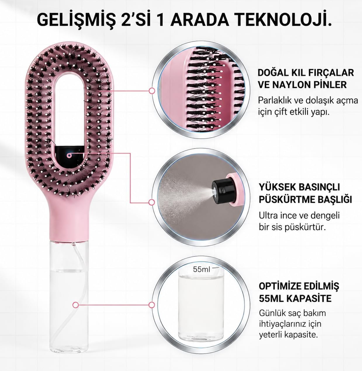 Spreyli ve Masaj Etkili Saç Şekillendirici Tarak